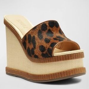Schutz Dalle Platform Wedge Sandals 9 Wild Leopard Print Open Toe Slip On Casual